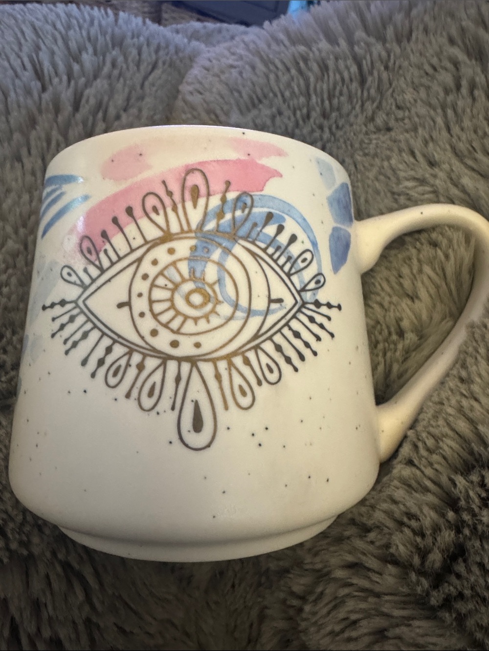 White Ceramic Mug with Pink & Blue Eye Motif Stay Wild Moonchild